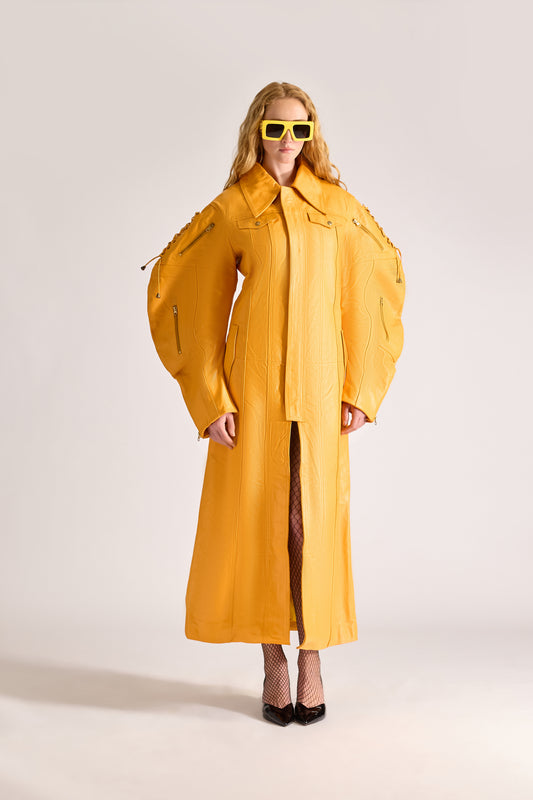 tailored leather shirt collar zip up long coat