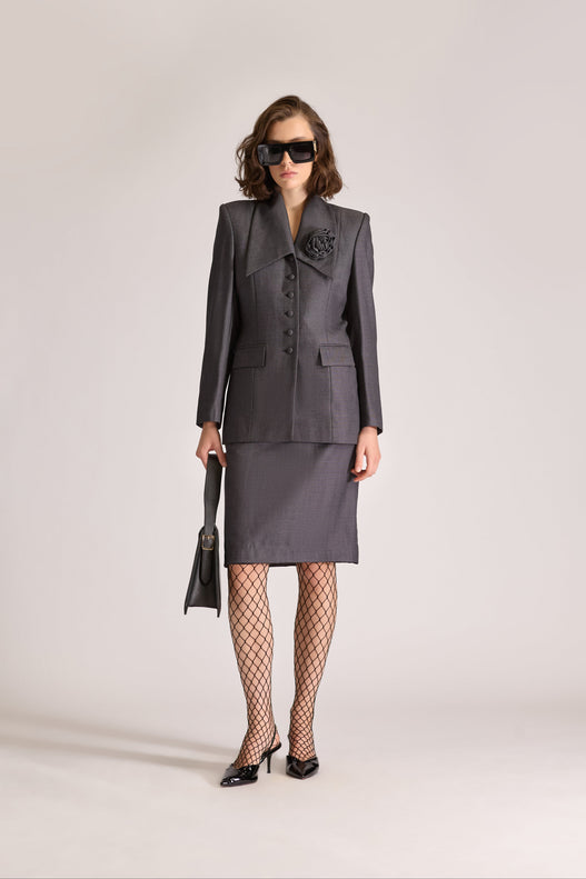 Tailored Wool Single Breasted Birdeye Jacket & Skirt