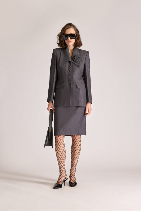 Tailored Wool Single Breasted Birdeye Jacket & Skirt