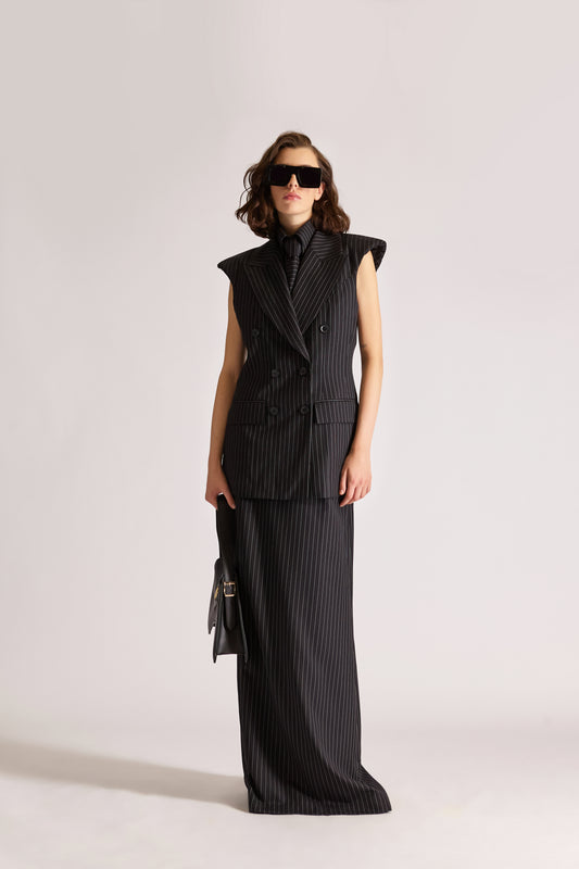 Tailored Pinstripe Wool Jacket & Skirt Set