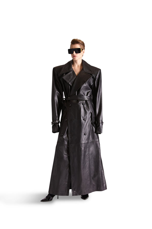 Double Breasted Belted Leather Long Coat