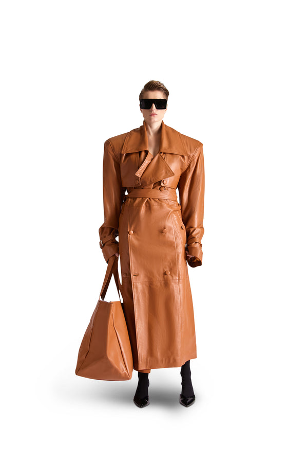 Double Breasted Belted Leather Long Coat