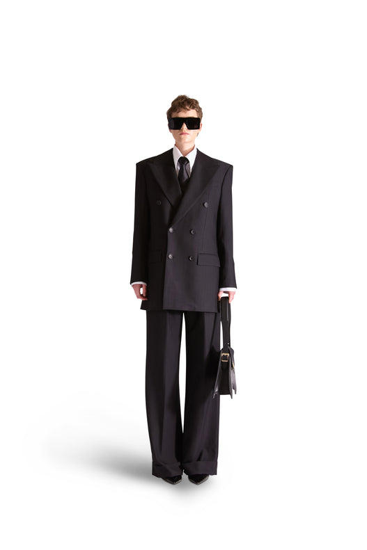 Peak Lapel Double Breasted Pinstripe Wool Blazer