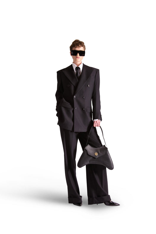 Peak Lapel Double Breasted Pinstripe Wool Blazer