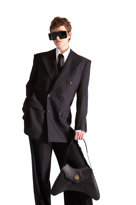 Peak Lapel Double Breasted Pinstripe Wool Blazer
