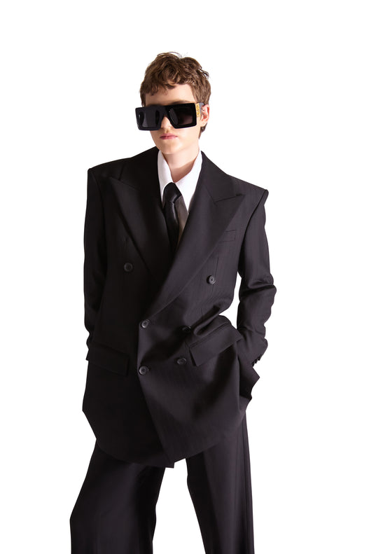 Peak Lapel Double Breasted Pinstripe Wool Blazer