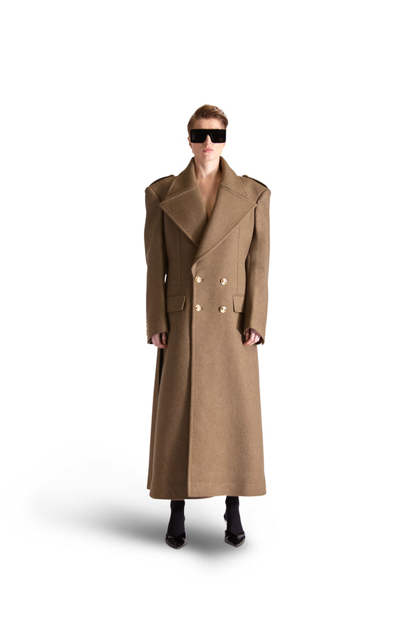Peak Lapel Double Breasted Wool Overcoat