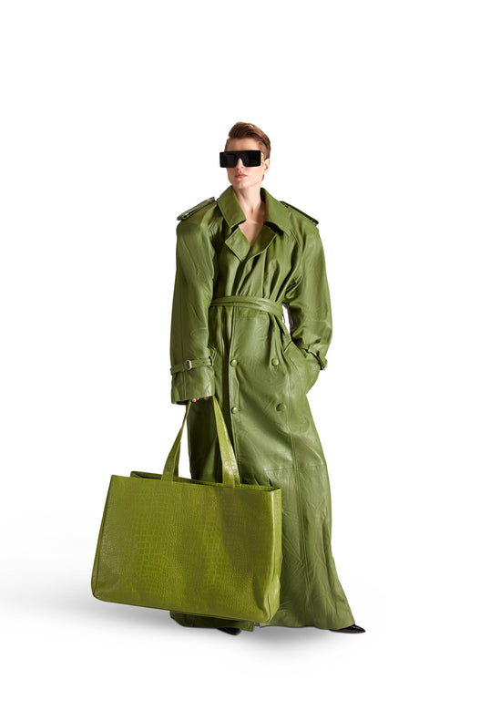 Double Breasted Belted Leather Long Coat