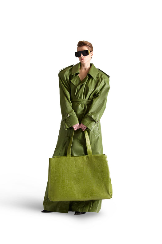 Double Breasted Belted Leather Long Coat