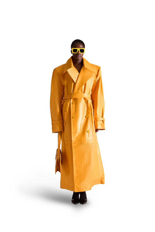 Double Breasted Belted Leather Long Coat