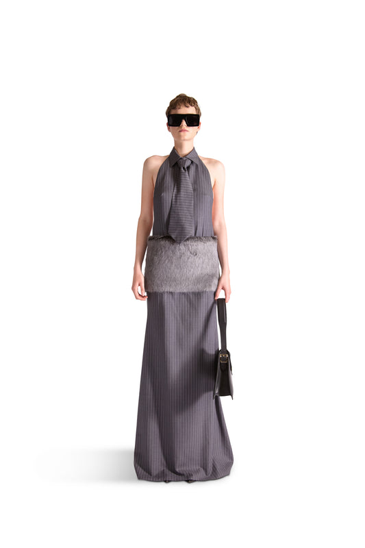 Sleeveless Backless Fur Pinstripe Dress