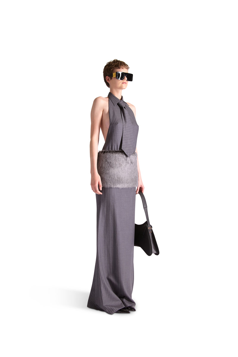 Backless Fur Pinstripe Wool & Cashmere Dress