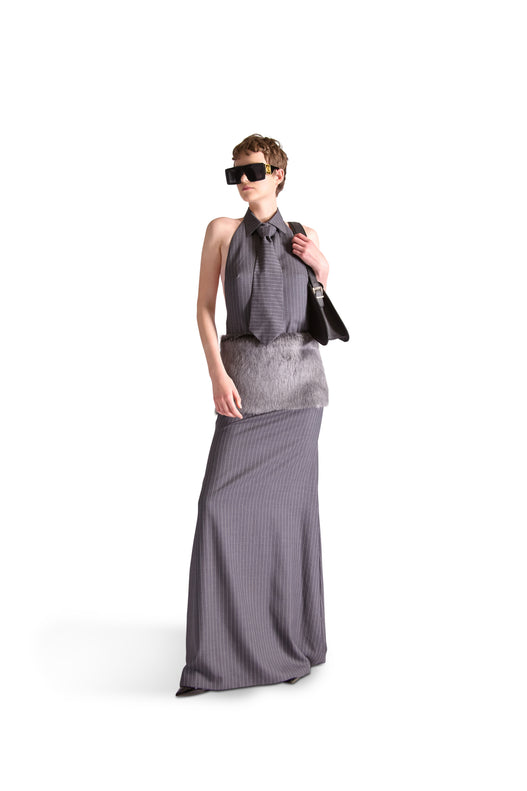 Sleeveless Backless Fur Pinstripe Dress