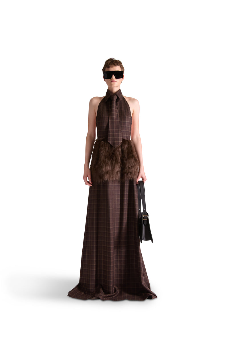 Sleeveless Backless Fur Check Dress