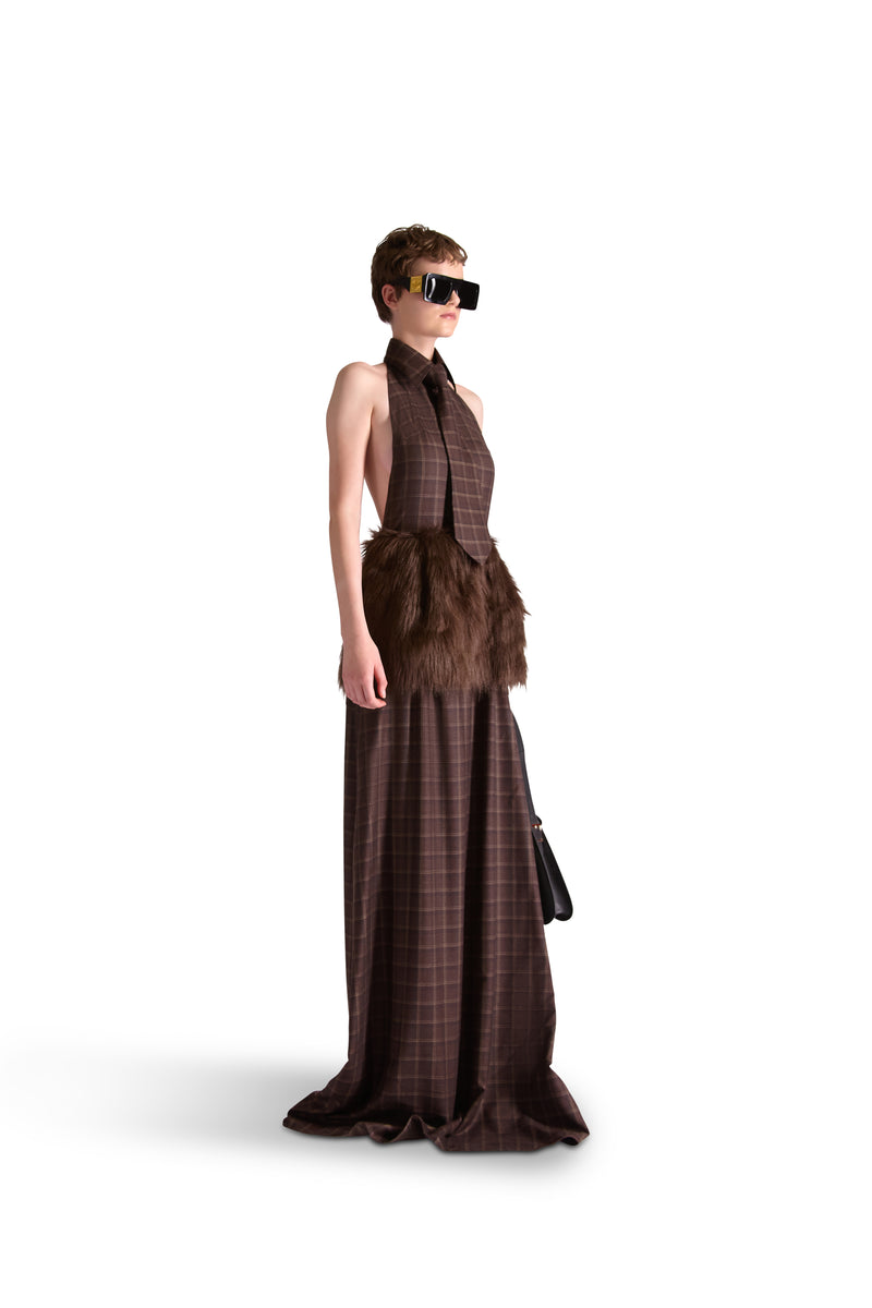 Sleeveless Backless Fur Check Dress