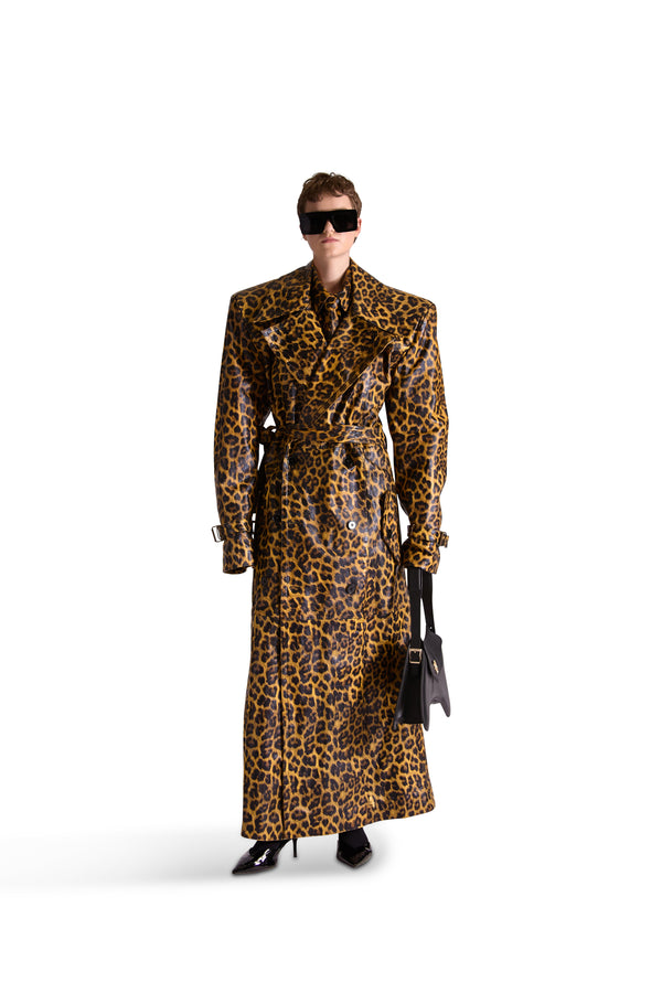 Double Breasted Belted Leather Long Coat