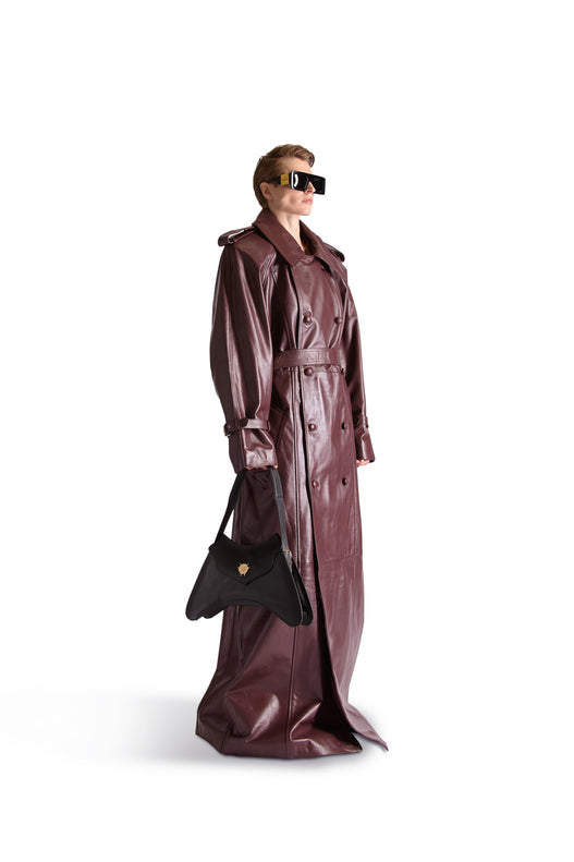 Double Breasted Belted Leather Long Coat