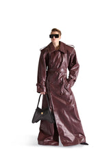 Double Breasted Belted Leather Long Coat
