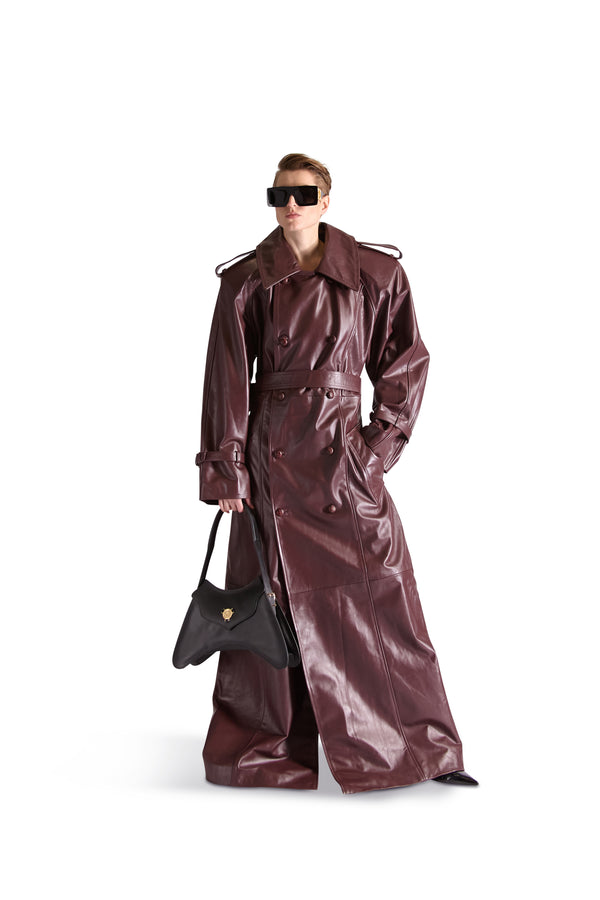 Double Breasted Belted Leather Long Coat