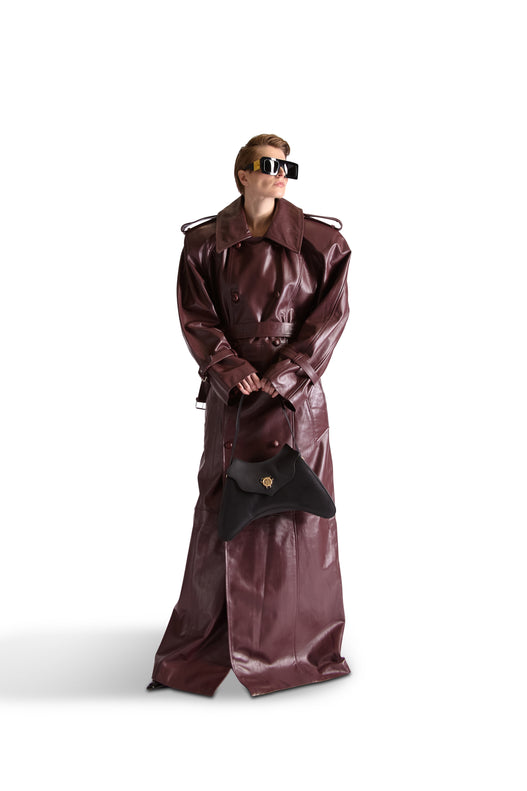 Double Breasted Belted Leather Long Coat