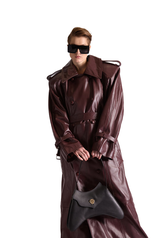 Double Breasted Belted Leather Long Coat
