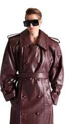 Double Breasted Belted Leather Long Coat