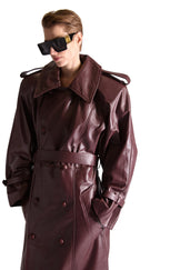 Double Breasted Belted Leather Long Coat