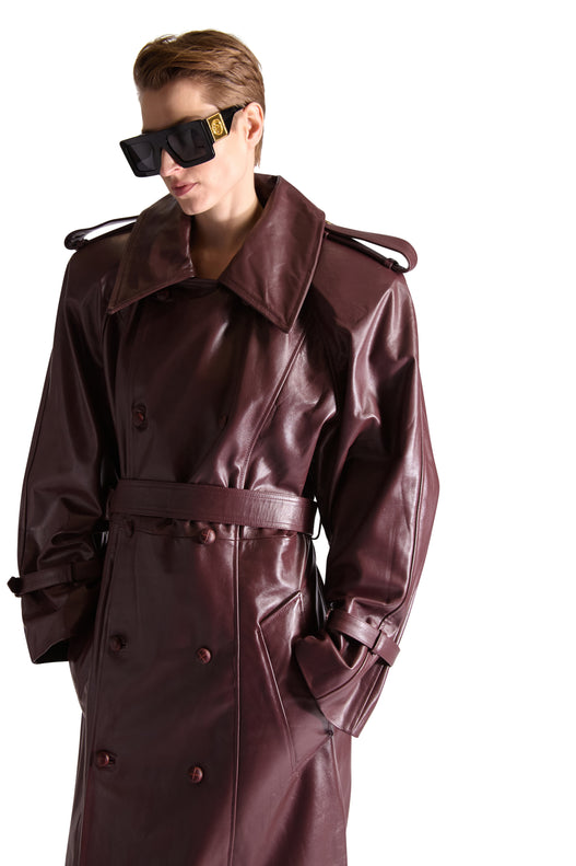 Double Breasted Belted Leather Long Coat