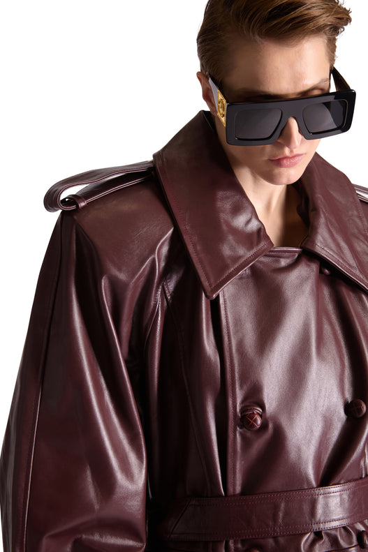 Double Breasted Belted Leather Long Coat