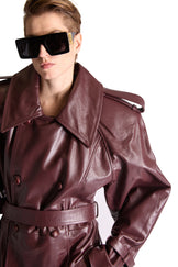 Double Breasted Belted Leather Long Coat
