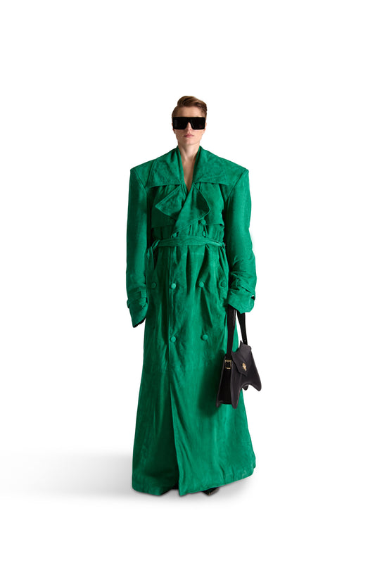 Double Breasted Belted Suede Long Coat