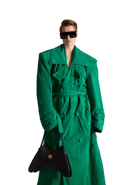 Double Breasted Belted Suede Long Coat