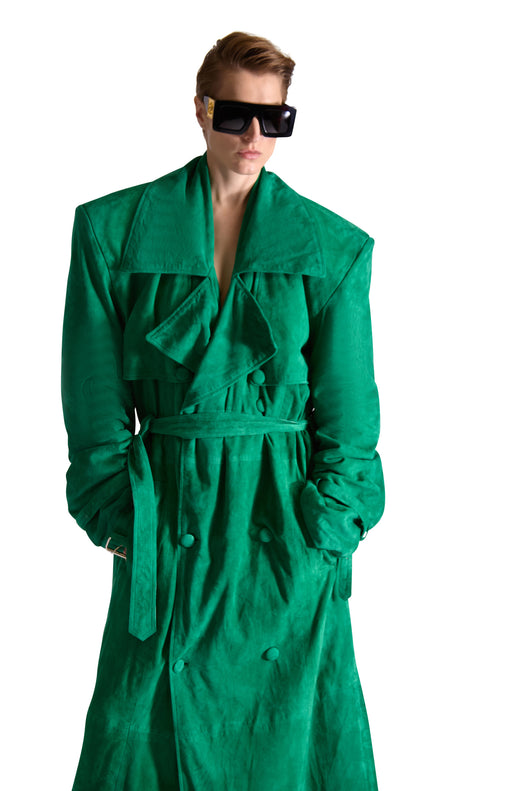 Double Breasted Belted Suede Long Coat
