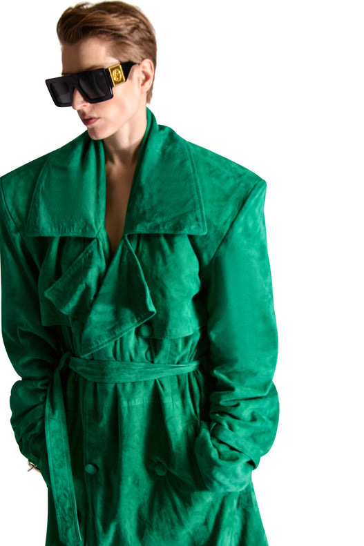 Double Breasted Belted Suede Long Coat
