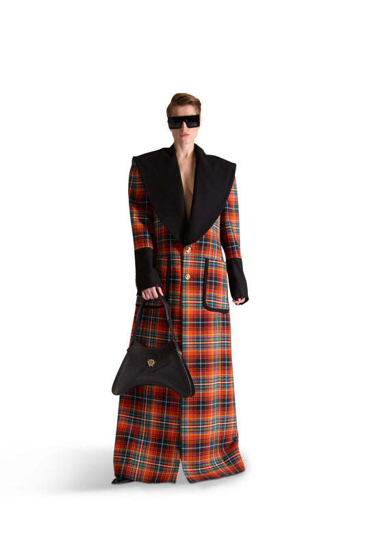 Shawl Lapel Single Breasted Check Wool long coat