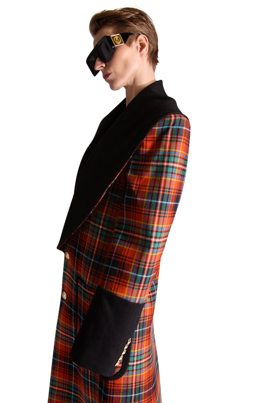 Shawl Lapel Single Breasted Check Wool long coat