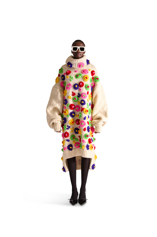 Hand Knit Wool Flower Turtle Neck Dress