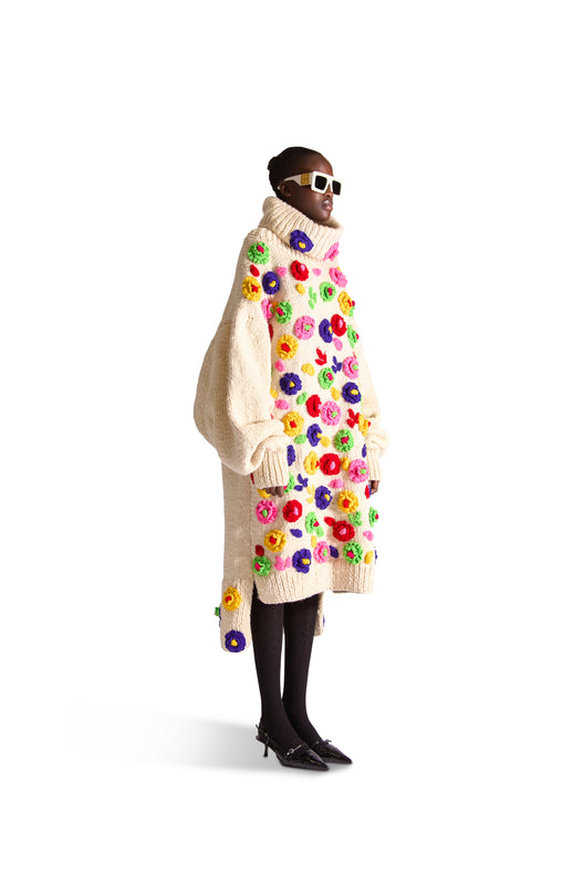 Hand Knit Wool Flower Turtle Neck Dress