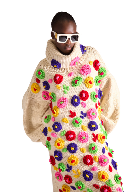 Hand Knit Wool Flower Turtle Neck Dress