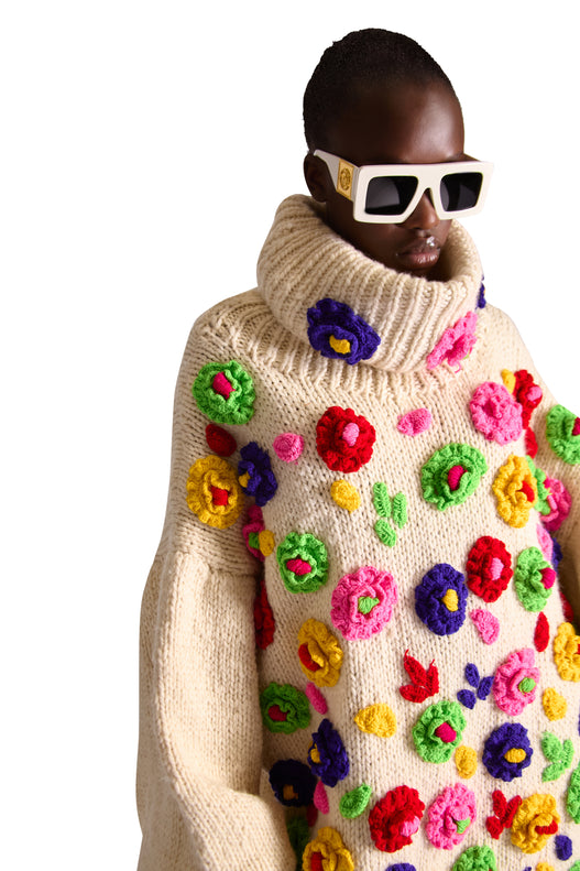 Hand Knit Wool Flower Turtle Neck Dress