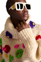 Hand Knit Wool Flower Turtle Neck Dress