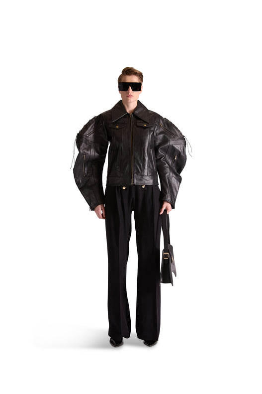 tailored leather shirt collar jacket