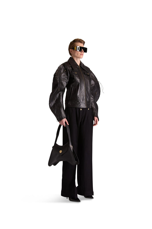 tailored leather shirt collar jacket