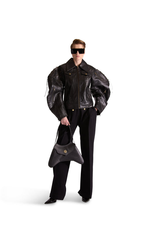 tailored leather shirt collar jacket