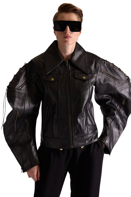 tailored leather shirt collar jacket