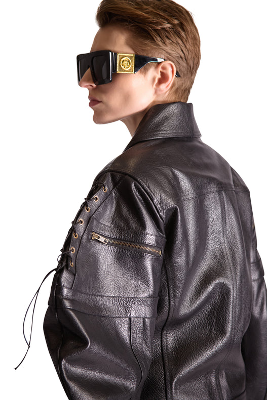 tailored leather shirt collar jacket