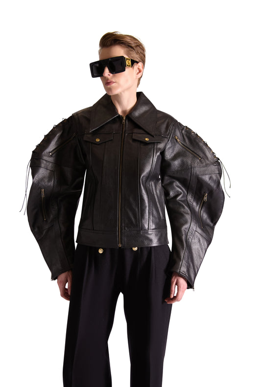 tailored leather shirt collar jacket