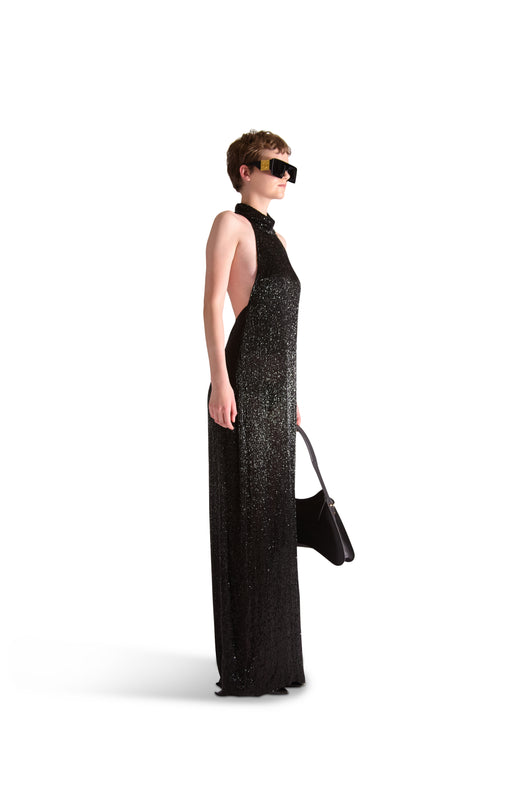 Hand Embroidered Beaded Backless Evening Dress