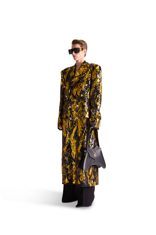 Hand Embroidered Peak Lapel Double Breasted Long Coat