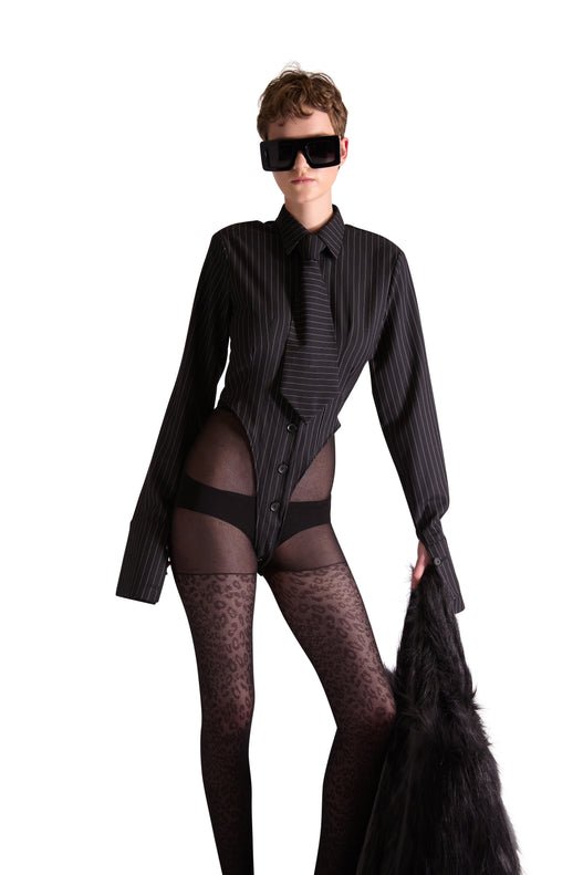 Tailored Wool Pinstripe Shirt Bodysuit